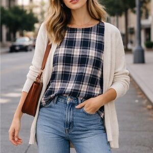 Madewell Navy Plaid Cotton Top | XS | Minimalist Prep